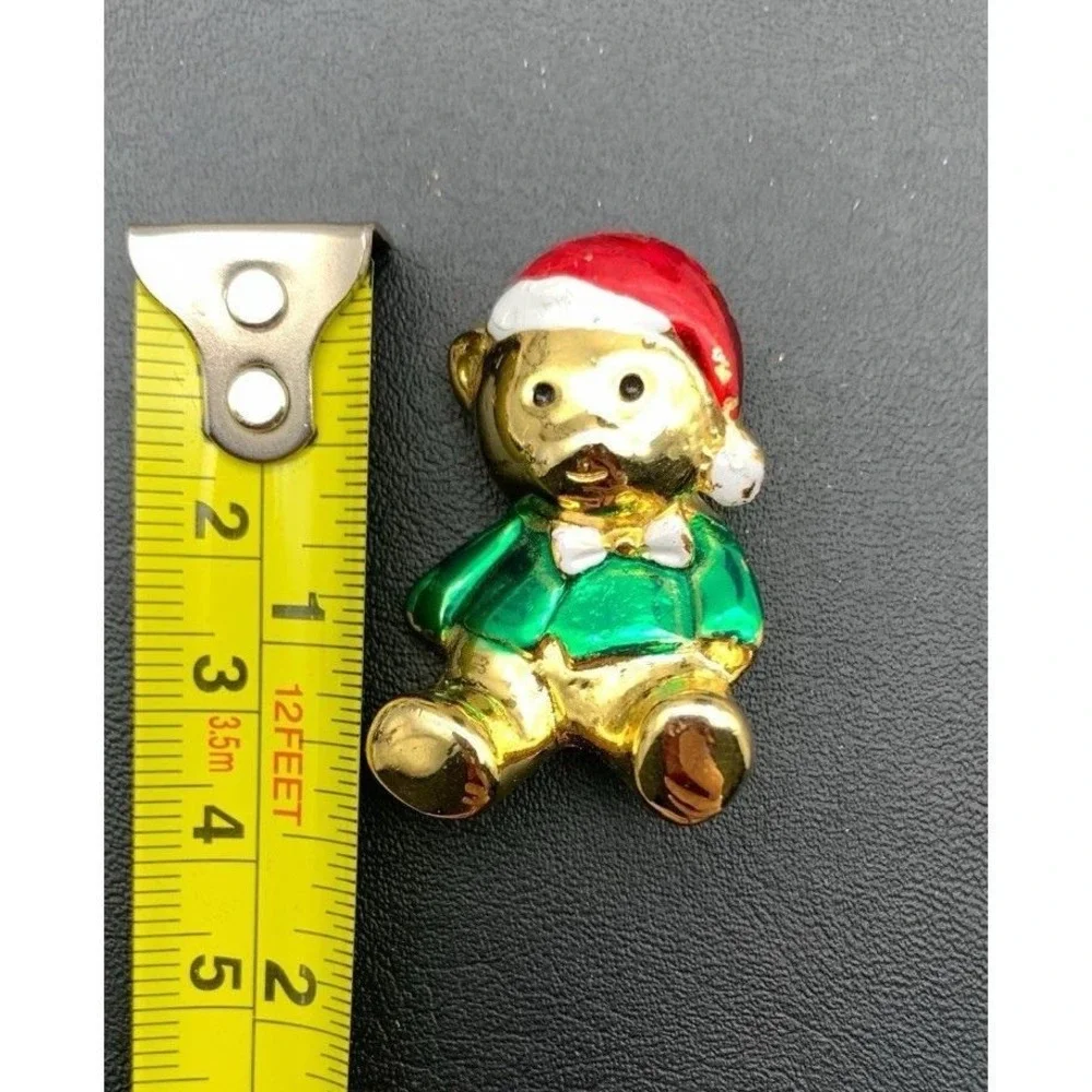 Vintage Gold Tone And Enamel Christmas Teddy Bear Brooch